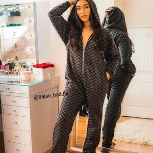 HTF Savage Fenty Forever Savage Hooded Onesie In Black Caviar Monogram Print